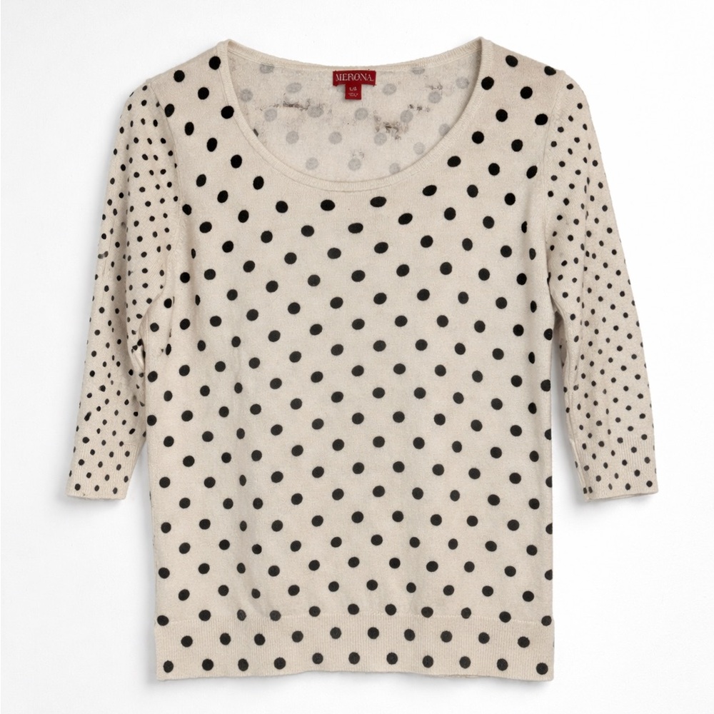 Merona Polka Dot Knit Sweater Cream Black Scoop Neck Size L